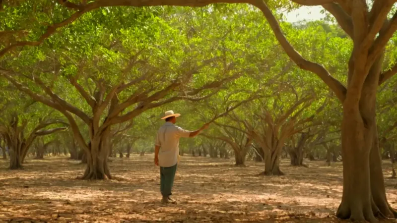 Un agricultor fertiliza el huerto