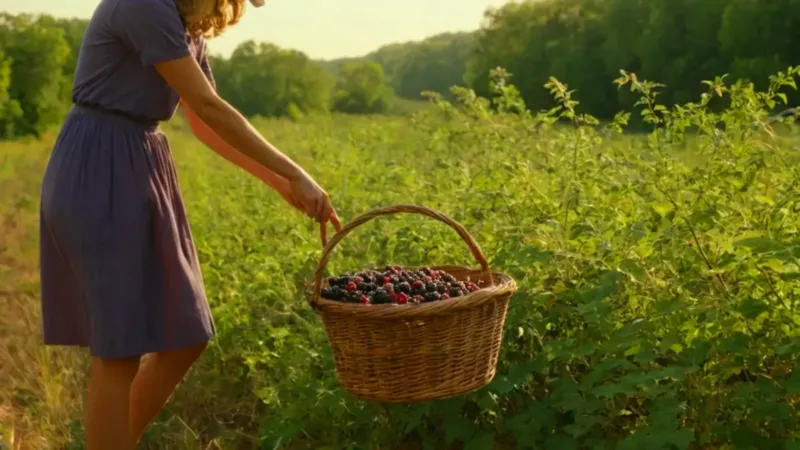 Una figura recoge moras bajo el sol