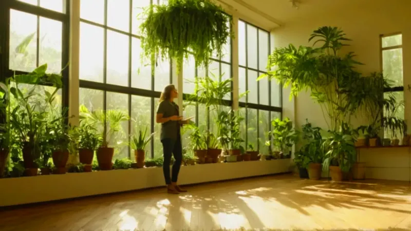 Persona riega plantas en una habitación soleada